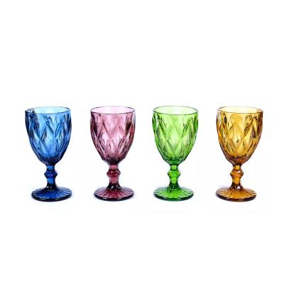 China Traditional In Stock Etched Stained Custom Wine Glasses Amber Green Blue Pink Water Goblets Solid Color Wine Drinking Set Cup for sale