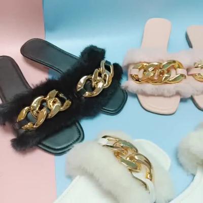 China Fashion Trend 36-42#3 Colors Latest Design White Metal Fur Chain Slippers Flat Slip On Winter Female Slippers for sale