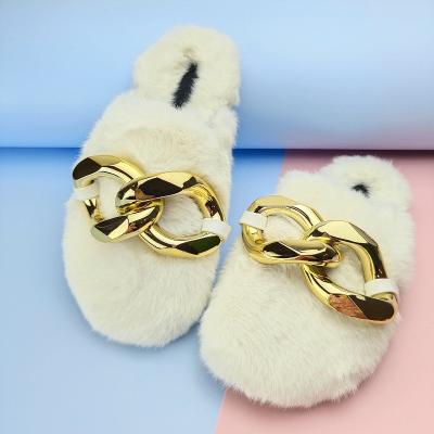 China Latest Design Trend 36-42# Fashion White Metal Fur Chain Slippers Flat Slip On Winter Female Slippers for sale