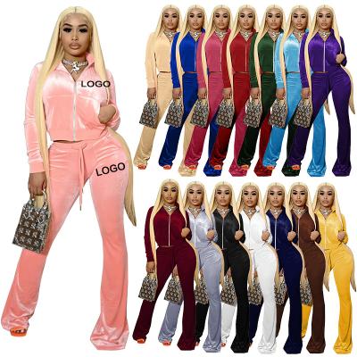 China Customized LOGO Breathable Both 2 Piece Wholesale Set Women Stacked Flared Velor Jogger Velor Tracksuits Pants for sale