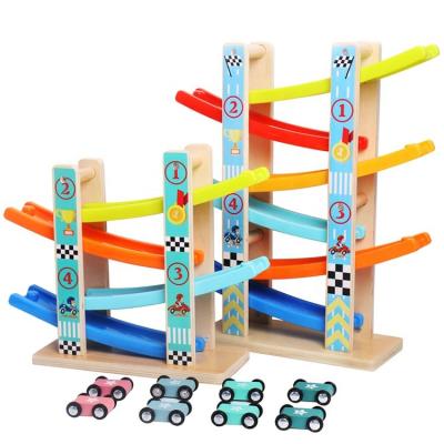 China Wooden 4 Rails Racing Track Car Ramp Slide Glider Multilayer Eco-friendly Model Material For Kids for sale