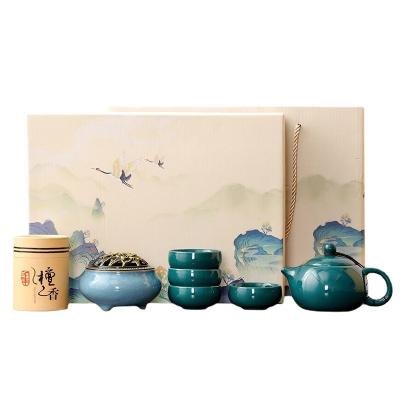 Chine Élégante boîte de thé chinoise Celadon Shih Tzu Pot avec 4 tasses et brûleur d'encens en bois de santal à vendre