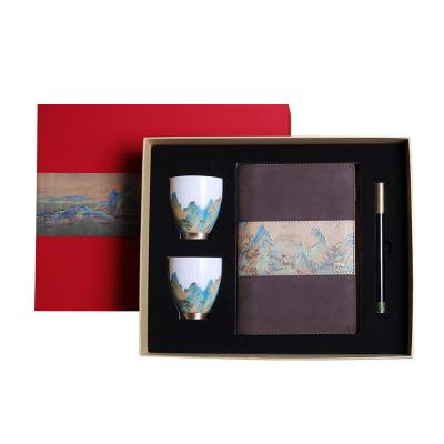 China Customized Logo Business Gift Box Cultural Notebook Porcelain Cups and Brass Wooden Pen for sale