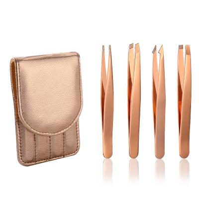 China Eyebrow/eyelash hot sale 4 pieces stainless steel eyebrow tweezers set for hair plucking gold plating stianless steel for sale