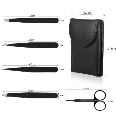 China Eyebrow / Eyelashes 5 In 1 Black PU Leather Eyebrow Trimmer Tweezers Set With Scissor Eyelash Applicator for sale