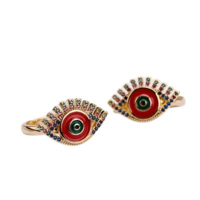 China 2021 New Design CLASSIC Colorful Cheap Turkish Devil Bohemian CZ Luminous Eyes Pave Open Rings for sale