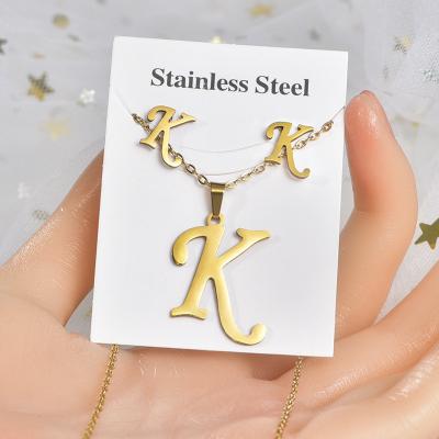 China Fashion Trendy English Letters Pendant Necklaces 26 Popular Unisex Stainless Steel English Initials Stud Earrings Necklace Set for sale