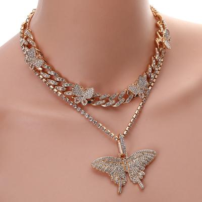 China Europe and America Personality FASHION Cuban Necklaces Fashion Full Diamond Hip Hop Big Butterfly Necklace Set for sale