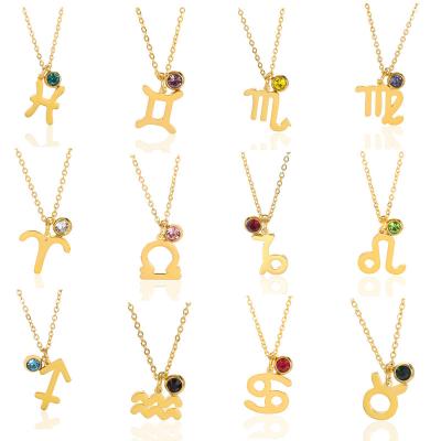 China New Kingcome TRENDY Fashion Lucky Stone Twelve Horoscope Necklaces Couples Astrology Zodiac Sign Necklace for sale