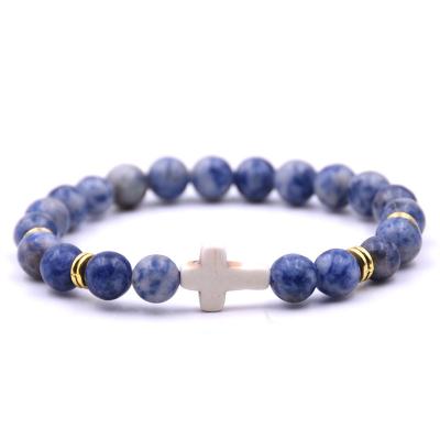 China Adjustable Christian White Pine Stone Mala Cross Bracelet Religion Natural Stone Bracelets Women Men Religious Gift for sale