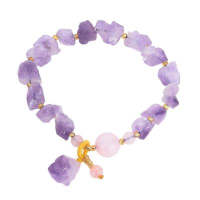 China New Hot Environmental Friendly Irregular Natural Amethyst Original Stone Women's National Style Natural Stone Beads Bracelet for sale