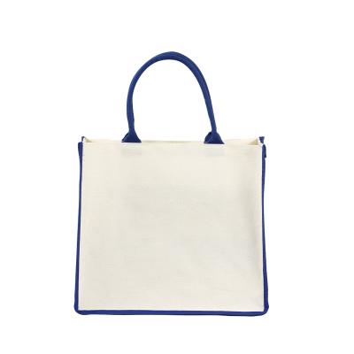 China Wholesale Eco Friendly Reusable Blue Binding Side Handled Tote Blank Canvas Bag With for sale