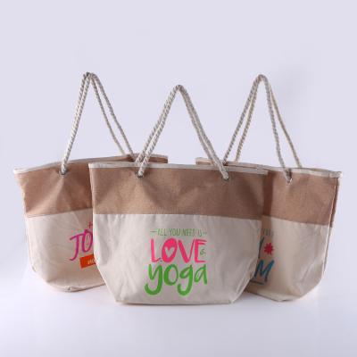 China Wholesale Popular Handled Fashion Burlap Sack Canvas Tote Beach Bag With Cotton Rope Handle for sale