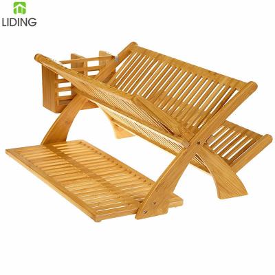 China Sustainable Bamboo Wooden Folding Dish Rack With Utensil Holder for sale