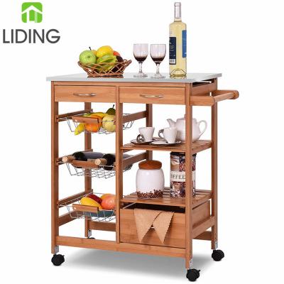 China Kitchen Furntiure Bamboo Kitchen Trolley Bamboo Cart With Stainless Steel Top for sale