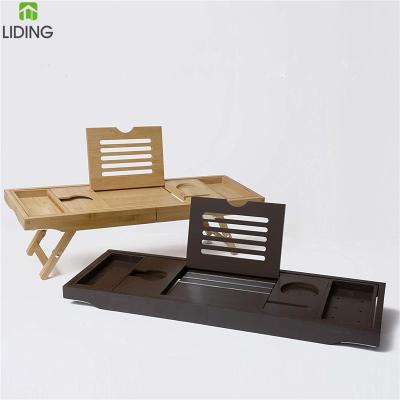 China Hot Sale Custom Made Sustainable Bamboo Tub Tray Laptop Bed Desk Black Bamboo Trolley With Foldable Legs for sale