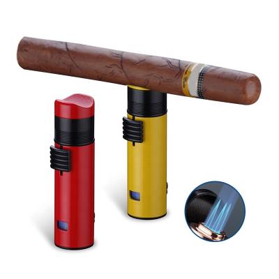 China Custom Logo OEM Windproof Cigar Torch Triple Lighters Cigar Stand Rest Holder Gas Jet Flame With Punch for sale