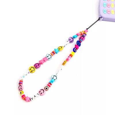 China Fashionable Colorful Smiling Face Decorative Rope Letter Acrylic Mobile Phone Chain for sale