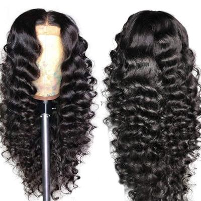 China Hot Sale Barely Shedding Thick Soft Soft Pre Plucked 13x4 To Loosen Deep Wave Lace Front Human Hair Curly Wigs For Women for sale