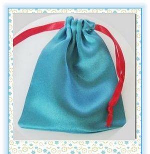 China Satin Blue Drawstring Gift Pouches With Red Ribbon For Jewelry Packing for sale