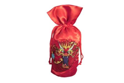 China Red Embroidered Tote Bags With Drawstring For Wine Packing for sale