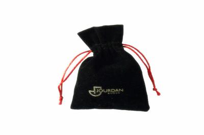 China Soft Velvet Drawstring Jewelry Pouch Black Silk Screen With Logo for sale