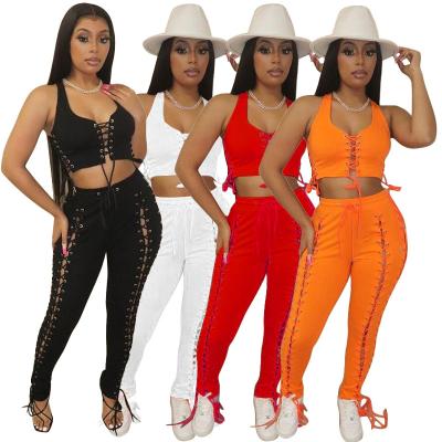 China 2021 New Arrivals Anti-Static Lace Up Crop And Pants Two Piece Set 2 Piece Set Women Clothing Pants for sale