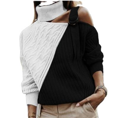 China Anti-wrinkle winter turtle neck 2 color fashionable warm patchwork off the shoulder women sweater for sale