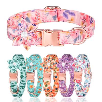 China 2023 Luxury Custom Custom JEWELED Cat Collar Set Adjustable Pet Lead Print Cotton ID Rose Gold Buckle Durable Floral Dog Leash for sale