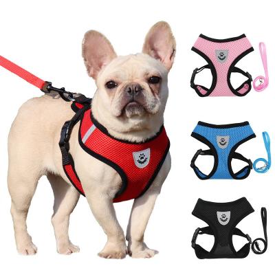 China Small Reflective Breathable Mesh Dog Chest Strap Pet Harness Traction Rope Set Adjustable Dog Harness With D Clip On Front for sale