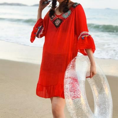 China Viable Western Popular Style Red Summer Wear Beach Hand-crocheted Knitwear Crocheted Dress Summer Wear For Women for sale