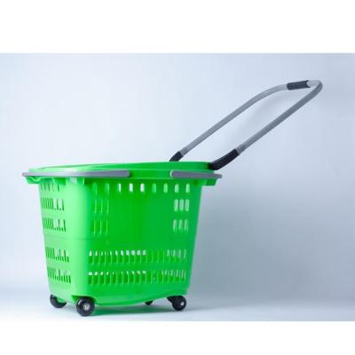 China 35L Grocery Easy-carry Plastic Shopping Cart With Wheels Shopping Basket Supermarket Trolley for sale