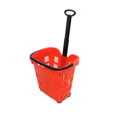 China 1) Supermarket 2)stores single pull rod and a handle with 4 wheels shopping basket plastic can load 40 liters for sale