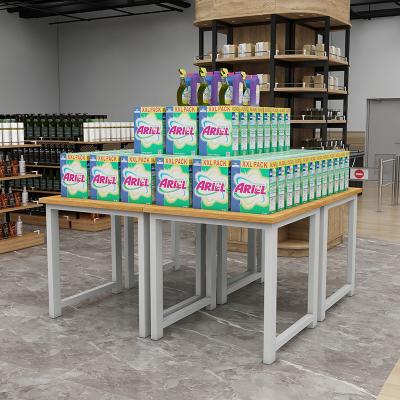 China Double Sided Supermarket Shelf Promotion Show Display Wooden Steel Table For Sale Hot Sale Pallet Racking Wooden Shelf for sale