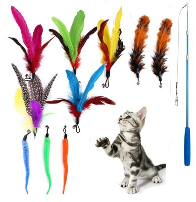 China 2PCS Retractable Nature Stocked Feathers Cat Wand Stick Toy Interactive Cat Toys With Replacement for sale