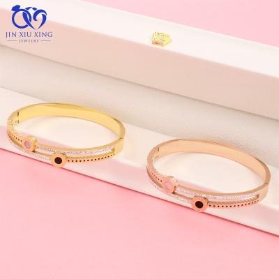 China Luxury Fashion Casual/Sporty 18K Gold PVD Plated Oval Zircon Cuff Bracelet Stainless Steel Pave Open Zircon Cuff Bracelet For Women for sale