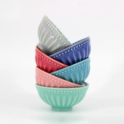 China Sustainable Color Glazed Embossed Ceramic Bowls , Brightly Colored Baby Food Bowls for sale