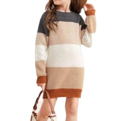 China New Breathable Colorblocking Teen Stripe Long Sleeve Mid Length Knit Sweater Skirt Girls Dresses Kids Dress Girl for sale