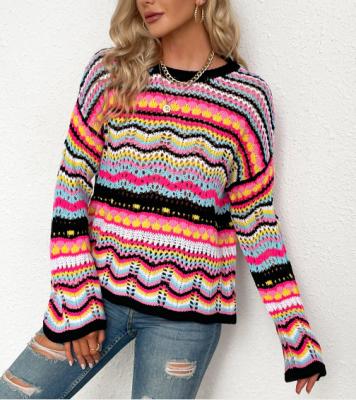 China New OEM/ODM QUICK DRY Hollow Quilting Striped Casual Loose Round Neck Knit Sweater Custom Sweaters Women Tops Fashionable for sale