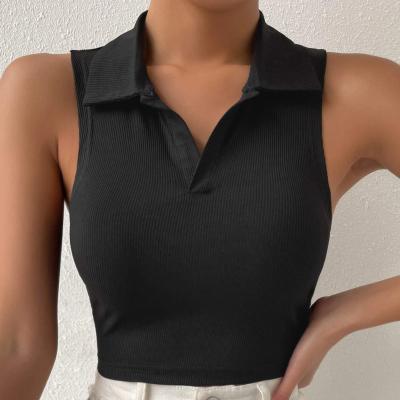 China Solid color QUICK DRY V-neck knitted casual sexy crop top ribbed women polo top crop top sweaters shorts vest for sale