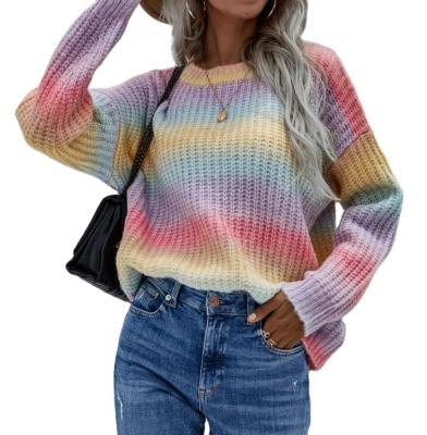 China New Loose QUICK DRY Gradient Striped Sweater Long Sleeve Knit Winter Crewneck Sweater Women Top Korean for sale