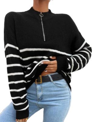 China QUICK DRY ODM/OEM Customized Striped Drop Shoulder Knit Zippers Stands Collar Wholesale Sweaters Woman Clothing Tops for sale