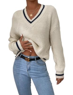 China QUICK DRY Striped Long Sleeve Sweater V Neck Trim Preppy Top Designers Clothes Street Wear Women Casual Sweater Knitwear for sale