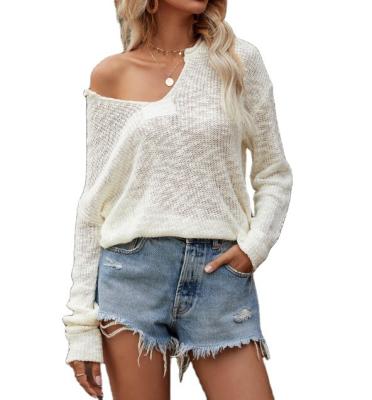 China New Autumn Winter Solid Color Loose Long Sleeve Sweater QUICK DRY Women's Knitted Pullover V-Neck Sweater for sale