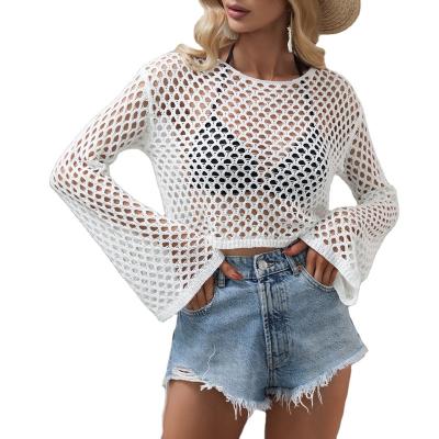 China New Hollow Mesh Ladies Sweater Summer Sexy Solid Color Shorts Knitted Trumpet Sleeve Perspective Full Bodysuit Women Clothes for sale