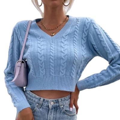 China New OEM/ODM Solid Color QUICK DRY V-Neck Twist Casual Short Knit Sweater Custom Long Sleeve Crop Top Women for sale