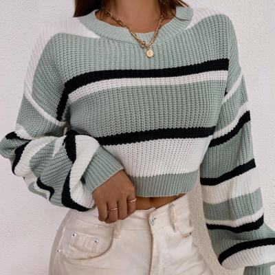 China New Autumn Winter QUICK DRY striped casual tops short round long sleeve color matching loose neck crop tops sweaters for women for sale