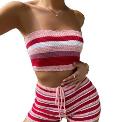 China New QUICK DRY Striped Sexy Sleeveless Bandeau Cropped Top Drawstring Knit Shorts Summer 2 Piece Women Short Set Clothing for sale