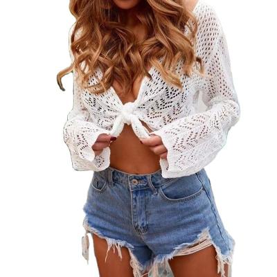 China New QUICK DRY Short Long Sleeve Knit Beach Hollow Cover Up Women's Bikini Swimwear Summer Tops Women Sun Protection Clothing for sale