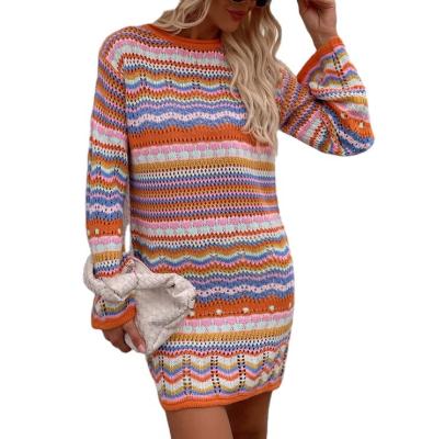 China New Breathable Rainbow Striped Cavity Retro Vintage Sweater Mid Length Knitted Skirt For Women Elegant Casual Dresses for sale